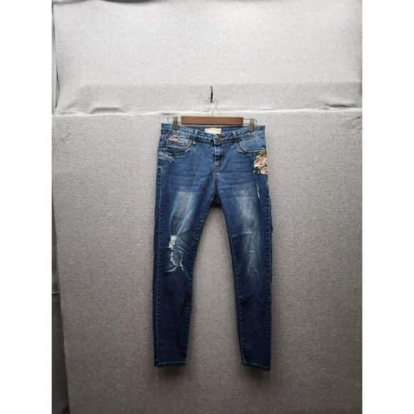 Angel Kiss Womens Distressed Embroidered Skinny Jeans Size 9 Blue Denim With Flo - Picture 1 of 5